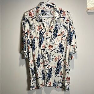 Blue and Red Casual Button Down Shirt with Hawaiian Tropical Print